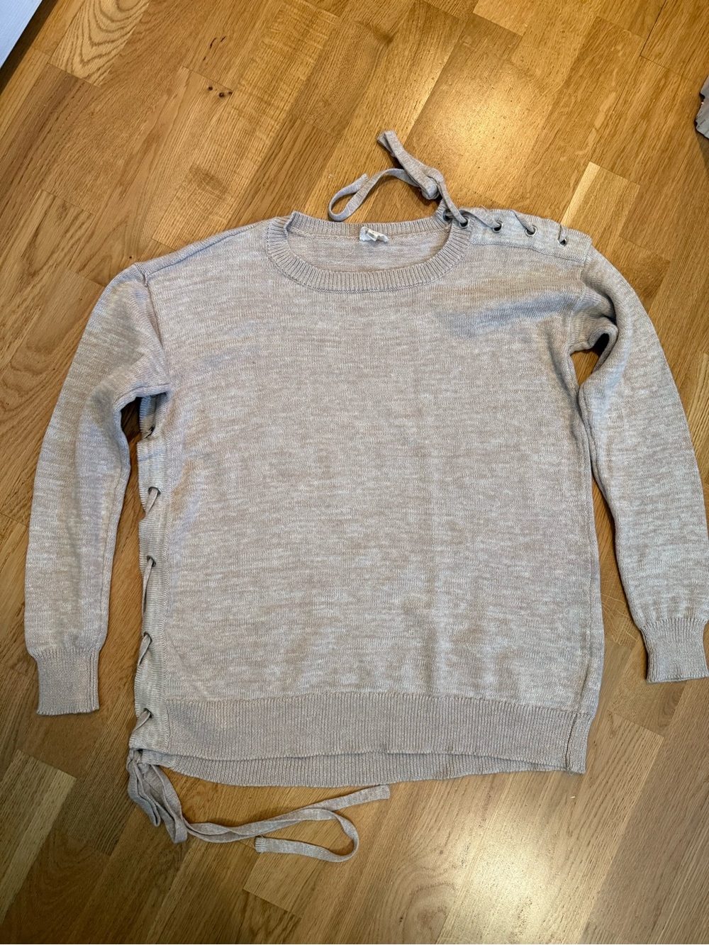 Hem & Thread Beige Lace-Up Crewneck Sweater